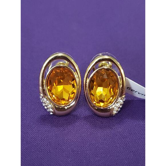 Butterscotch Yellow Rhinestone Crystal Earrings Classy Glam Gold Tone Pierced - Picture 2 of 8